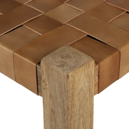 Petit tabouret en cuir véritable tressé et bois massif chaise marron 45x45x45 cm 3