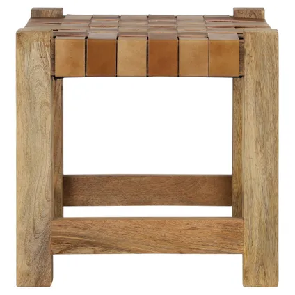 Petit tabouret en cuir véritable tressé et bois massif chaise marron 45x45x45 cm 4