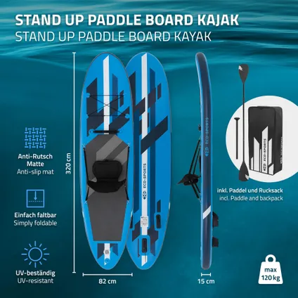 Surfboard stand up paddle SUP 120kg 320 cm gonflable bleu avec siège de kayak 2