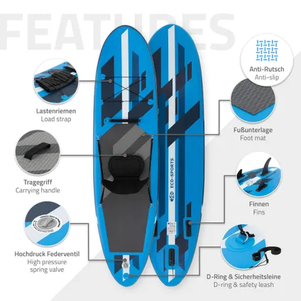 Surfboard stand up paddle SUP 120kg 320 cm gonflable bleu avec siège de kayak 3