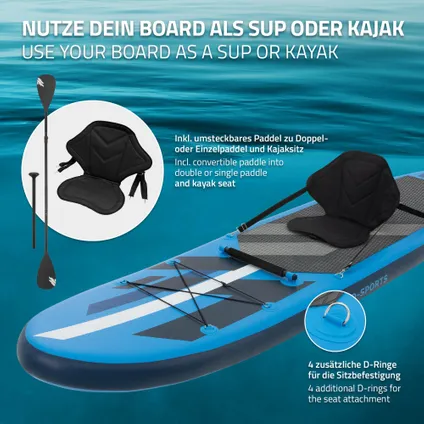 Surfboard stand up paddle SUP 120kg 320 cm gonflable bleu avec siège de kayak 7