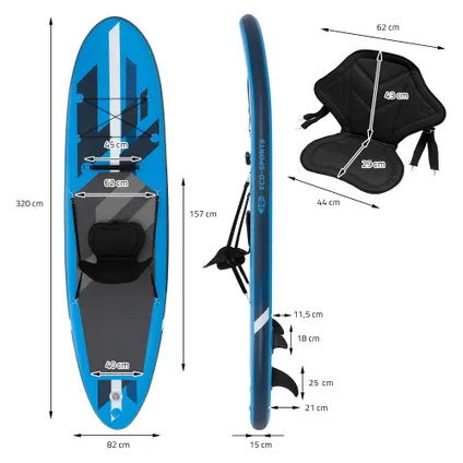 Surfboard stand up paddle SUP 120kg 320 cm gonflable bleu avec siège de kayak 9