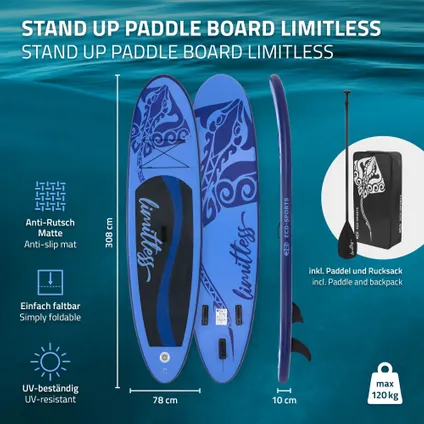 Opblaasbare Stand Up Paddle Board Limitless, 308 x 76 x 10 cm, blauw, incl. pomp en draagtas 2