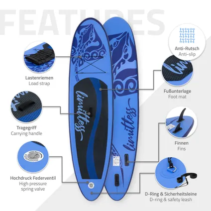 Stand up paddle board gonflable Limitless bleu pompe á air pagaie 120kg 308cm 3