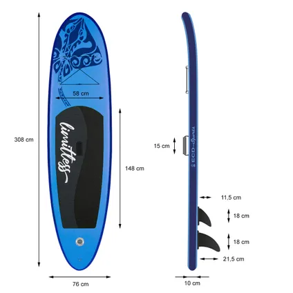Opblaasbare Stand Up Paddle Board Limitless, 308 x 76 x 10 cm, blauw, incl. pomp en draagtas 8