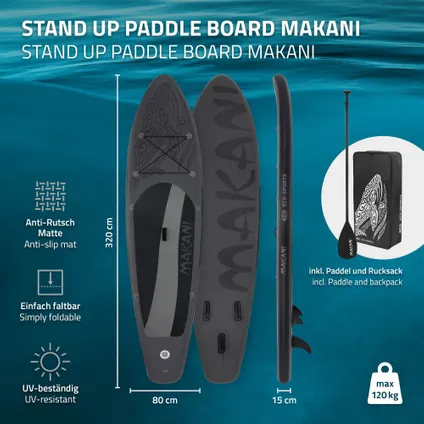 Opblaasbare Stand Up Paddle Board Makani, 320 x 82 x 15 cm, zwart, incl. pomp en draagtas 2