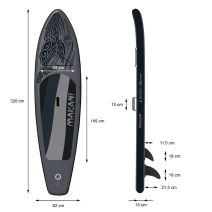 Opblaasbare Stand Up Paddle Board Makani, 320 x 82 x 15 cm, zwart, incl. pomp en draagtas 9
