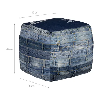 WOMO-DESIGN Vierkante zitkruk blauw, 45x45x45 cm, gemaakt van jeans met katoenen vulling 4