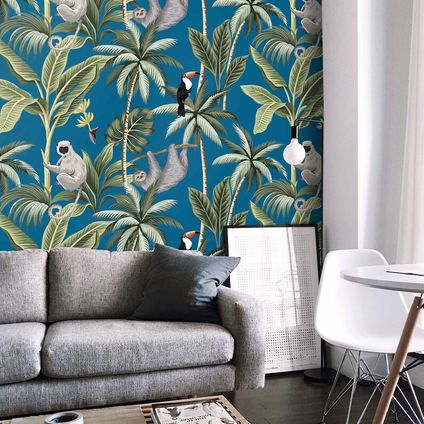 Papier Peint - Wallpapers4Beginners - Bleu Jungle Tropicale - Papier vegan - 250x200cm, 5,5m2