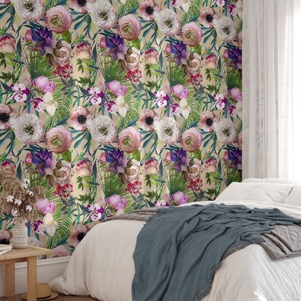 Papier Peint - Wallpapers4Beginners - Floral avec des Fleurs Roses - Papier vegan - 250x200cm, 5,5m2