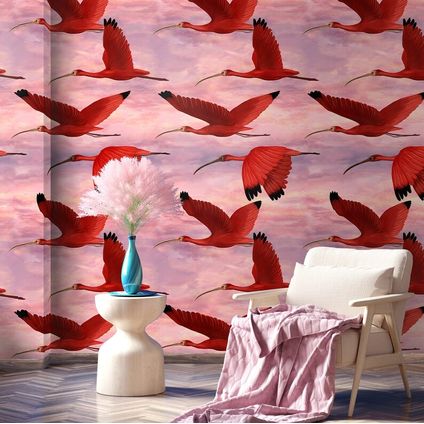 Wallpapers4Beginners - Behang - Roze Vogels - Vegan Papier - 250x200cm, 5.5m2
