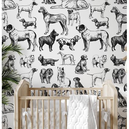 Wallpapers4Beginners - Behang - Zwart-wit Honden - Vegan Papier - 250x200cm, 5.5m2
