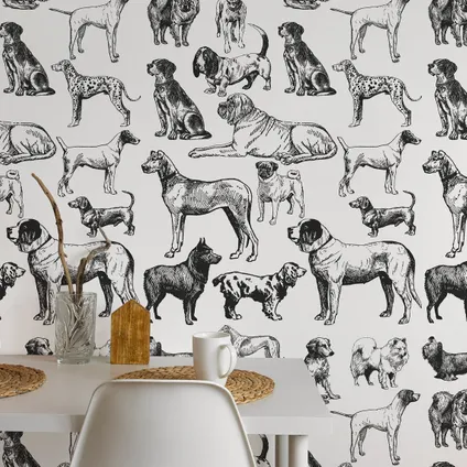 Wallpapers4Beginners - Behang - Zwart-wit Honden - Vegan Papier - 250x200cm, 5.5m2 2