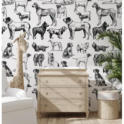 Wallpapers4Beginners - Behang - Zwart-wit Honden - Vegan Papier - 250x200cm, 5.5m2 3
