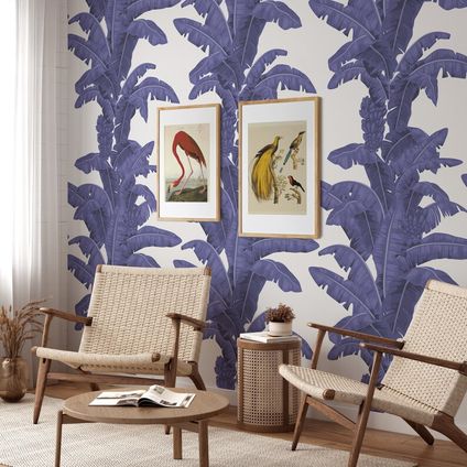 Papier Peint - Wallpapers4Beginners - Palmes Exotiques Blanc et Bleu - Papier vegan - 250x200cm, 5,5m2
