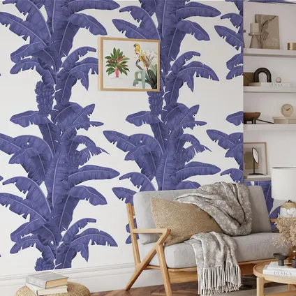 Papier Peint - Wallpapers4Beginners - Palmes Exotiques Blanc et Bleu - Papier vegan - 250x200cm, 5,5m2 2