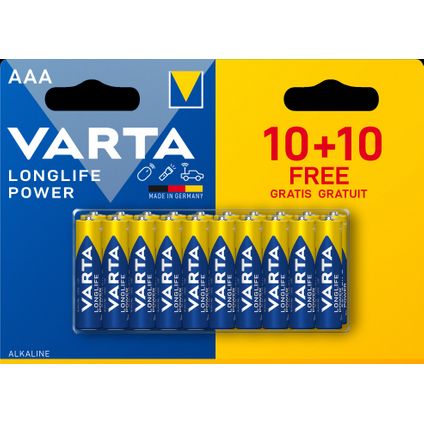 Pile alcaline AAA LR03 Varta Longlife Power 1,5V 20 pièces