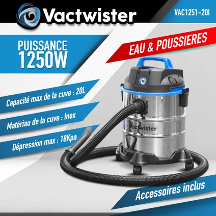 Aspirateur eau et poussières 1250W - 20L inox - 18 Kpa avec soufflerie - Vactwister 2
