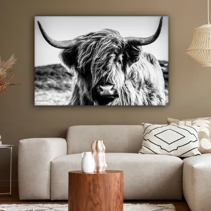 Canvas Schilderij 120x80 cm Koe - Schotse hooglander - Zwart - Wit - Dier - Natuur - Wild 4
