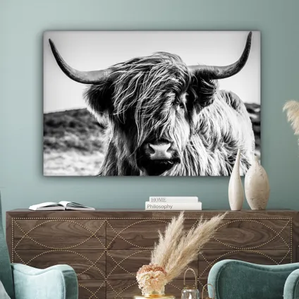 Canvas Schilderij 120x80 cm Koe - Schotse hooglander - Zwart - Wit - Dier - Natuur - Wild 5
