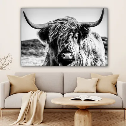 Canvas Schilderij 120x80 cm Koe - Schotse hooglander - Zwart - Wit - Dier - Natuur - Wild 6
