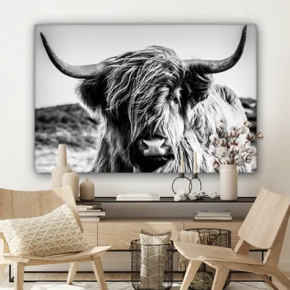 Canvas Schilderij 120x80 cm Koe - Schotse hooglander - Zwart - Wit - Dier - Natuur - Wild 7