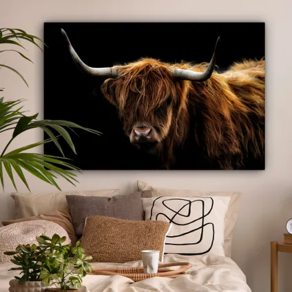 Canvas Schilderij 120x80 cm Schotse Hooglander - Horens - Zwart - Dieren - Natuur - Wild - Koe 2
