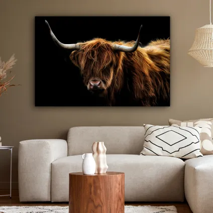 Canvas Schilderij 120x80 cm Schotse Hooglander - Horens - Zwart - Dieren - Natuur - Wild - Koe 4