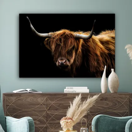 Canvas Schilderij 120x80 cm Schotse Hooglander - Horens - Zwart - Dieren - Natuur - Wild - Koe 5