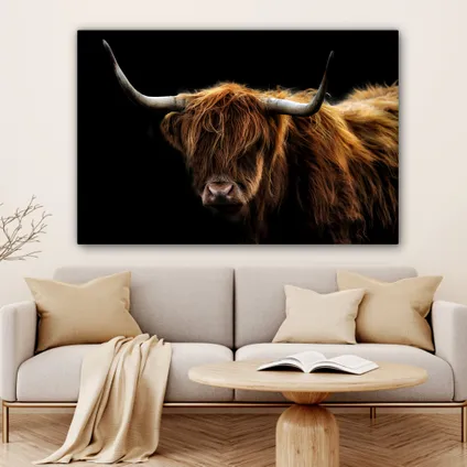 Canvas Schilderij 120x80 cm Schotse Hooglander - Horens - Zwart - Dieren - Natuur - Wild - Koe 6