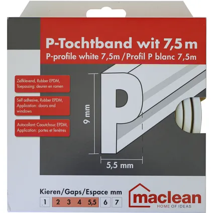 Maclean Tochtband P-profiel - EPDM-Rubber - Wit - Zelfklevend - Deuren en Ramen - Kieren 2-5,5mm - 7,5m