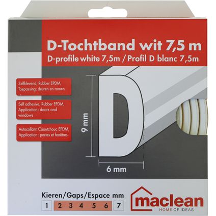 Maclean Tochtband D-profiel - EPDM-Rubber - Wit - Zelfklevend - Deuren en Ramen - Kieren 2-6mm - 7,5m