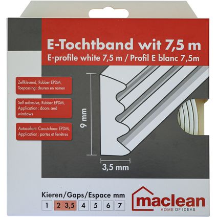 Maclean Tochtband E-profiel - EPDM-Rubber - Wit - Zelfklevend - Deuren en Ramen - Kieren 2-3,5mm - 7,5m