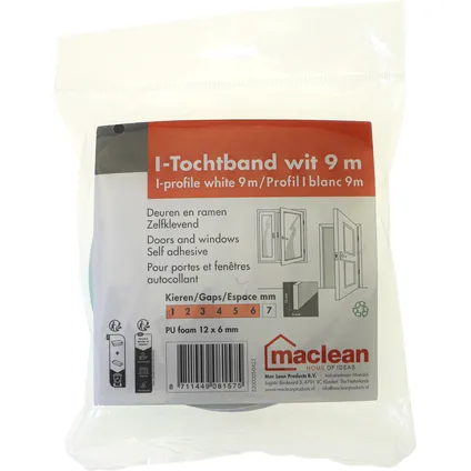 Maclean Tochtband I-profiel - PU-foam - Wit - Zelfklevend - Deuren en Ramen - Kieren 1-6mm - 9m 3