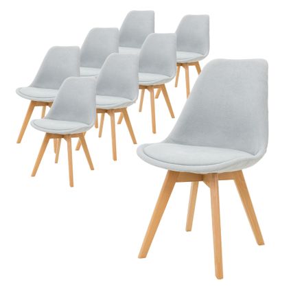 Lot de 8 chaises de salle à manger en lin gris pieds en bois massif hêtre rétro