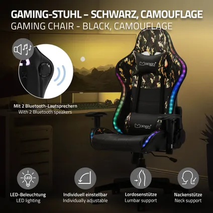 Gaming stoel met RGB-verlichting en Bluetooth-boxen Zwart/Camouflage in kunstleer ML-Design 2