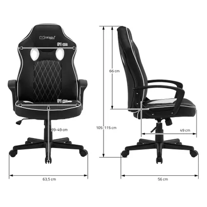 Chaise de jeu d'ordinateur PC pivotante et réglable chaise de bureau noir-blanc 7