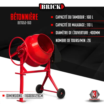 Bétonnière 650w - Capacité du tambour 160L - Avec roues - Brick 2