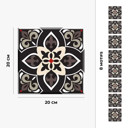 8 zelfklevende tegels 20x20cm Lina / Provençaalse cementtegels / zwart - Vinyl Way 10