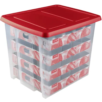 Sunware Nesta kerst opbergbox 45L met trays voor 64 ballen transparant rood