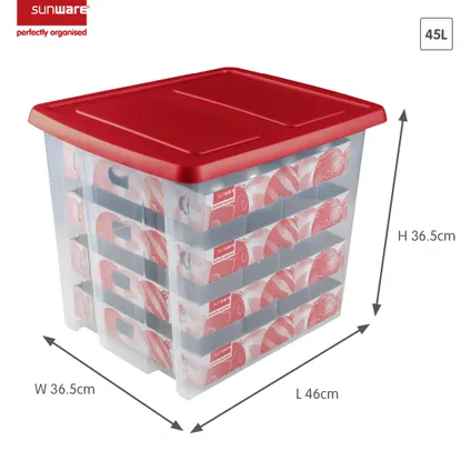 Sunware Nesta kerst opbergbox 45L met trays voor 64 ballen transparant rood 2
