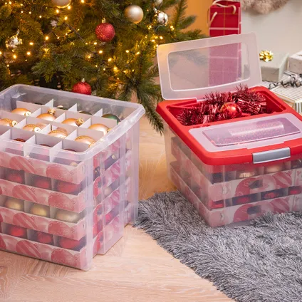 Sunware Nesta kerst opbergbox 45L met trays voor 64 ballen transparant rood 3