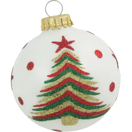 Krebs kerstballen - 4x stuks - wit met kerstboom - glas - 7 cm 2