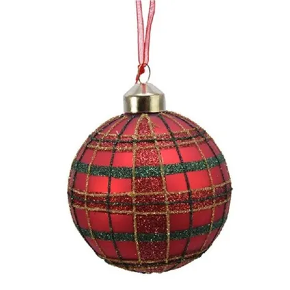 Decoris Kerstbal - rood - 3 stuks - ruit en glitters - glas - 8 cm 2