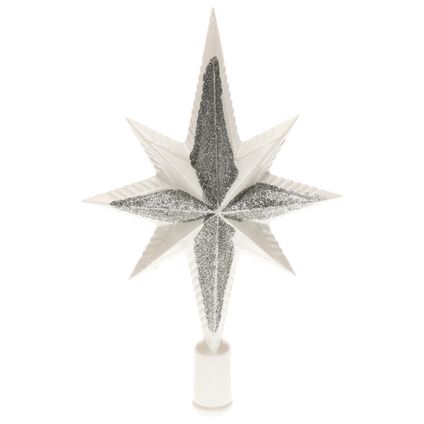 Decoris kerstpiek ster - wit/zilver - kunststof - 25,5 cm