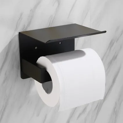 VDN Stainless Porte-rouleau de papier toilette avec étagère - Noir - Sans perçage - Autocollant 2