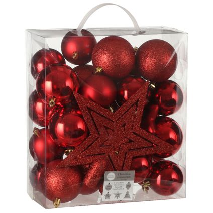 House of Seasons Kerstballen - 39x - rood - met piek en ornamenten