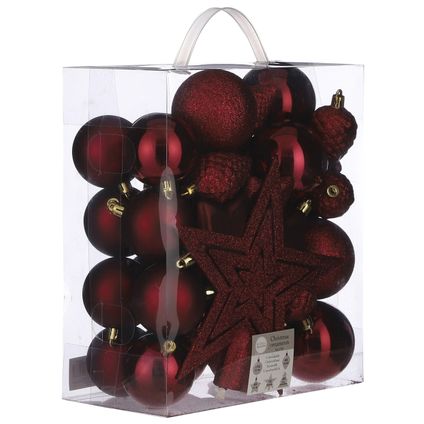 House of Seasons Kerstballen - 39x - rood - met piek en ornamenten