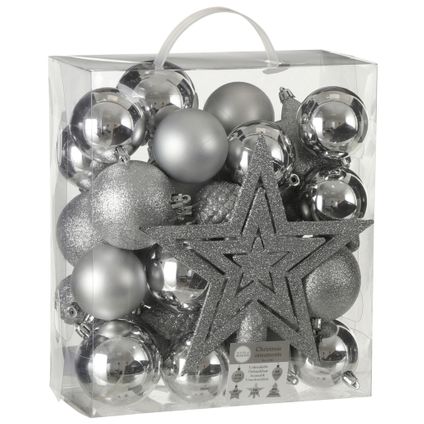 House of Seasons Kerstballen - 39x - zilver - met piek en ornamenten
