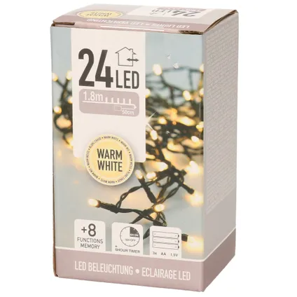 Kerstverlichting - 24 LED lampjes - warm wit - op batterij - met timer - 2 M 3